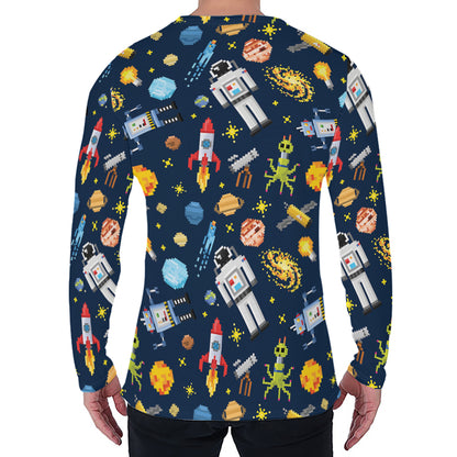 Pixel Space Pattern Print Men's Long Sleeve T-Shirt