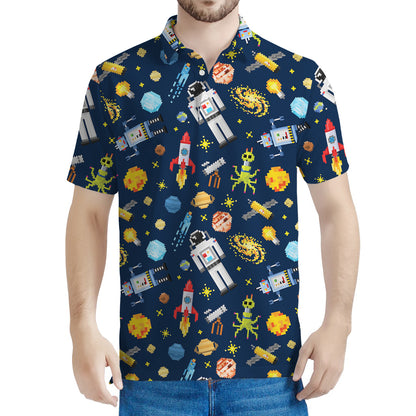 Pixel Space Pattern Print Men's Polo Shirt