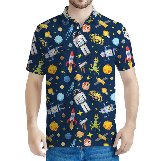 Pixel Space Pattern Print Men's Polo Shirt