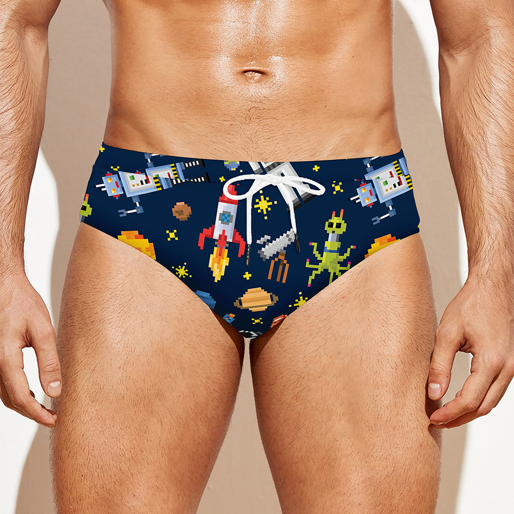 Pixel Space Pattern Print Men's Swim Briefs