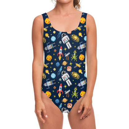 Pixel Space Pattern Print One Piece Swimsuit