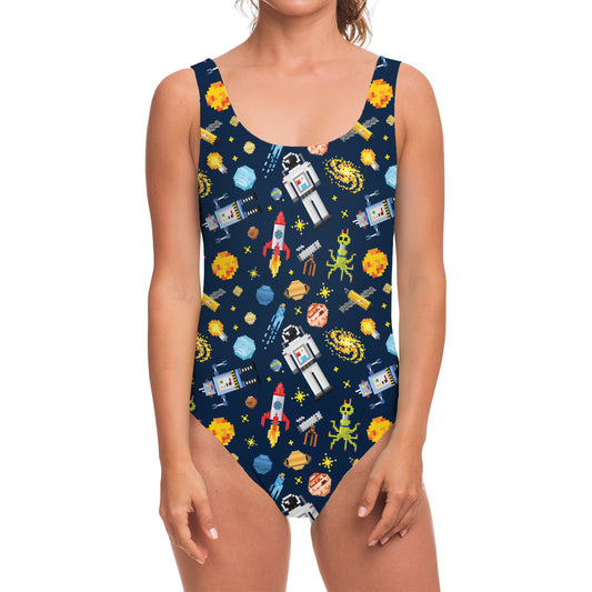 Pixel Space Pattern Print One Piece Swimsuit