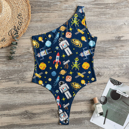 Pixel Space Pattern Print One Shoulder Bodysuit
