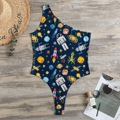 Pixel Space Pattern Print One Shoulder Bodysuit
