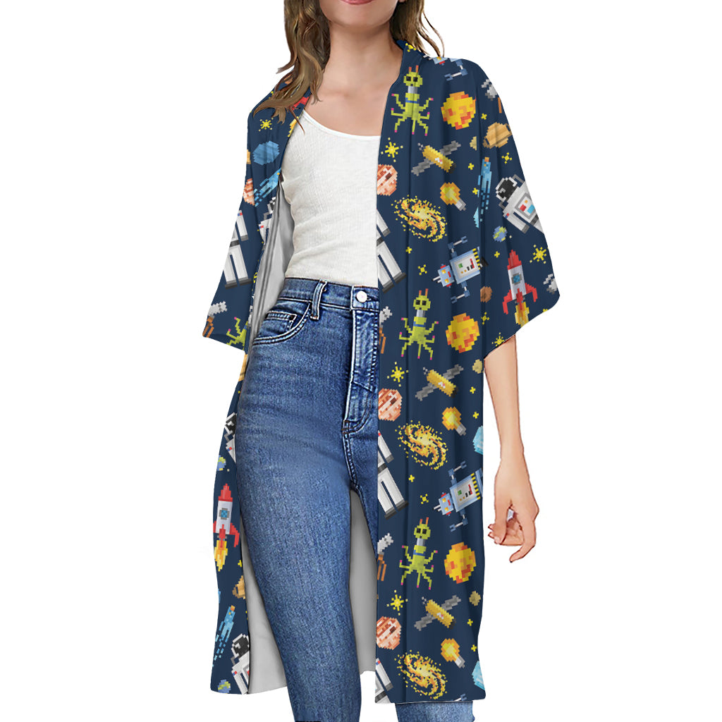 Pixel Space Pattern Print Open Front Beach Cover Up