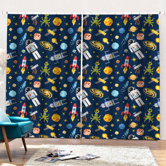 Pixel Space Pattern Print Pencil Pleat Curtains