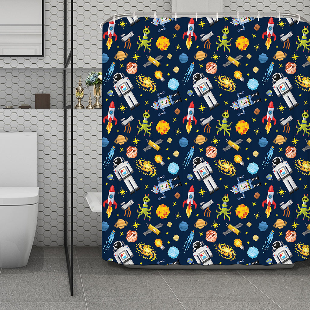 Pixel Space Pattern Print Polyester Shower Curtain