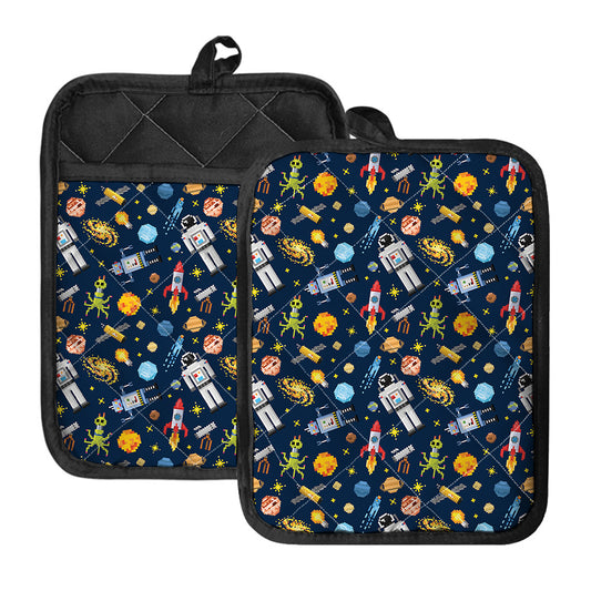 Pixel Space Pattern Print Pot Holders With Pocket