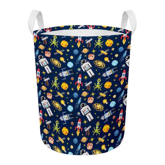 Pixel Space Pattern Print Round Laundry Basket