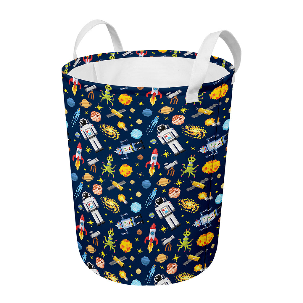 Pixel Space Pattern Print Round Laundry Basket