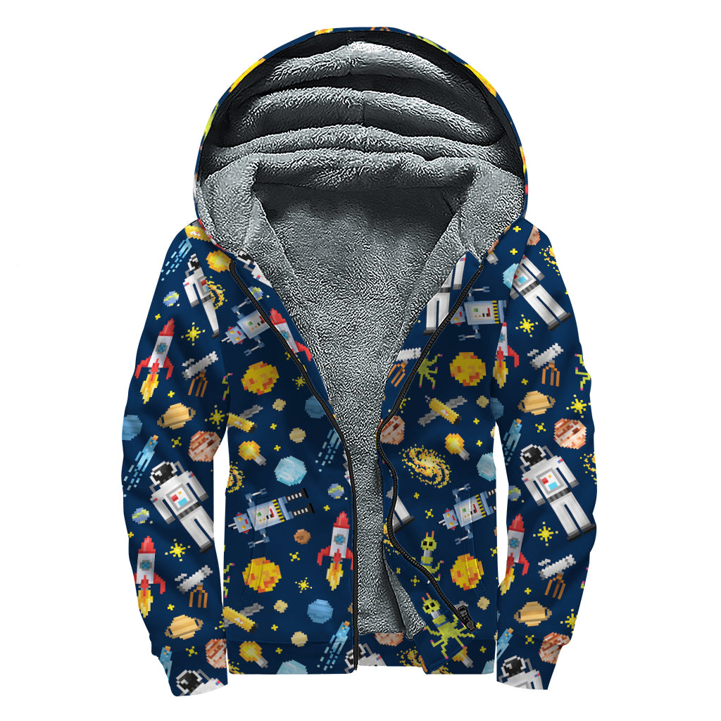 Pixel Space Pattern Print Sherpa Lined Zip Up Hoodie