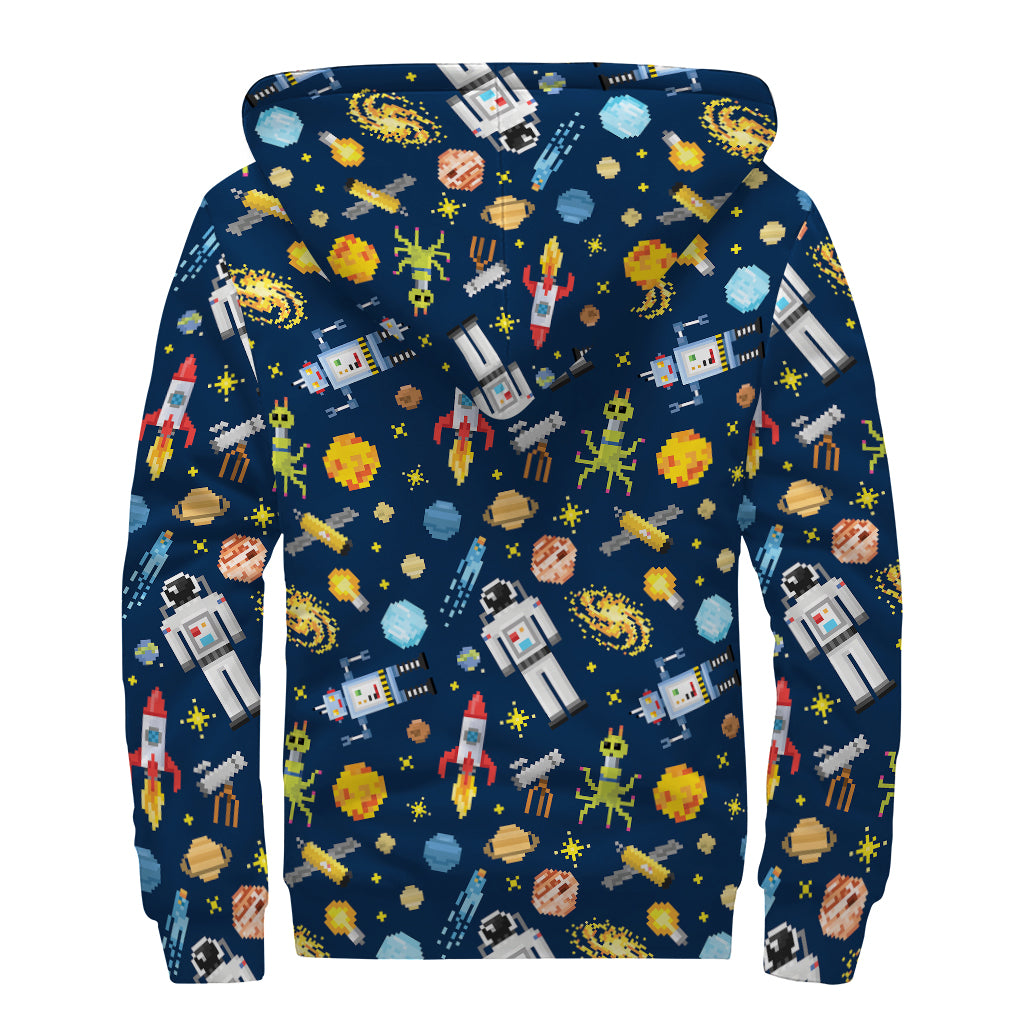 Pixel Space Pattern Print Sherpa Lined Zip Up Hoodie