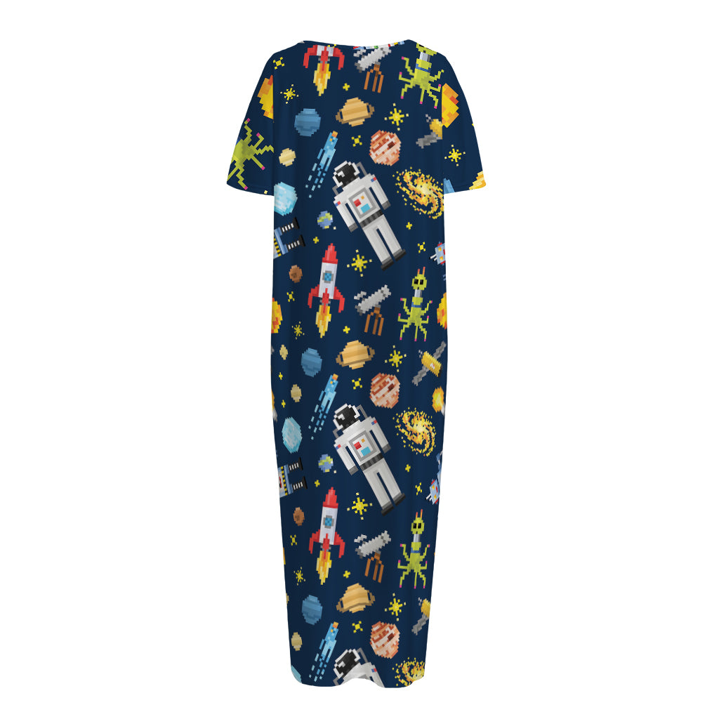 Pixel Space Pattern Print Short Sleeve Long Nightdress