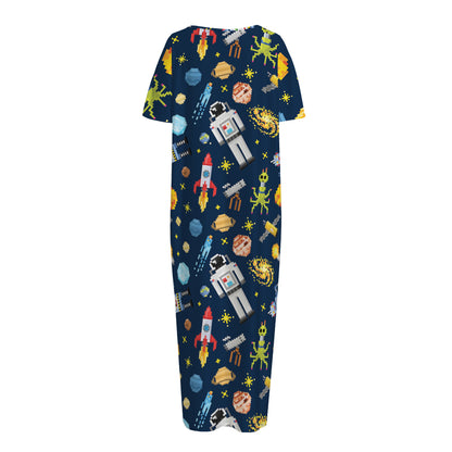 Pixel Space Pattern Print Short Sleeve Long Nightdress
