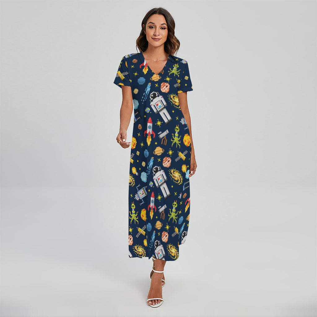 Pixel Space Pattern Print Short Sleeve Maxi Dress
