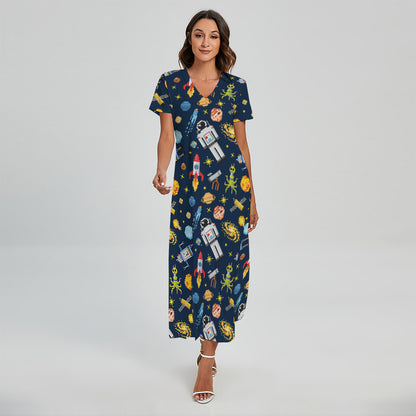 Pixel Space Pattern Print Short Sleeve Maxi Dress