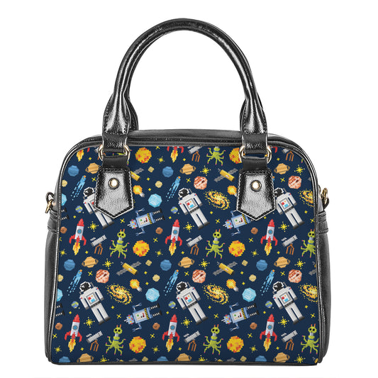 Pixel Space Pattern Print Shoulder Handbag