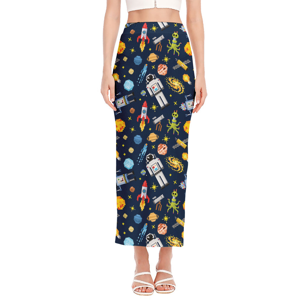 Pixel Space Pattern Print Side Slit Maxi Skirt