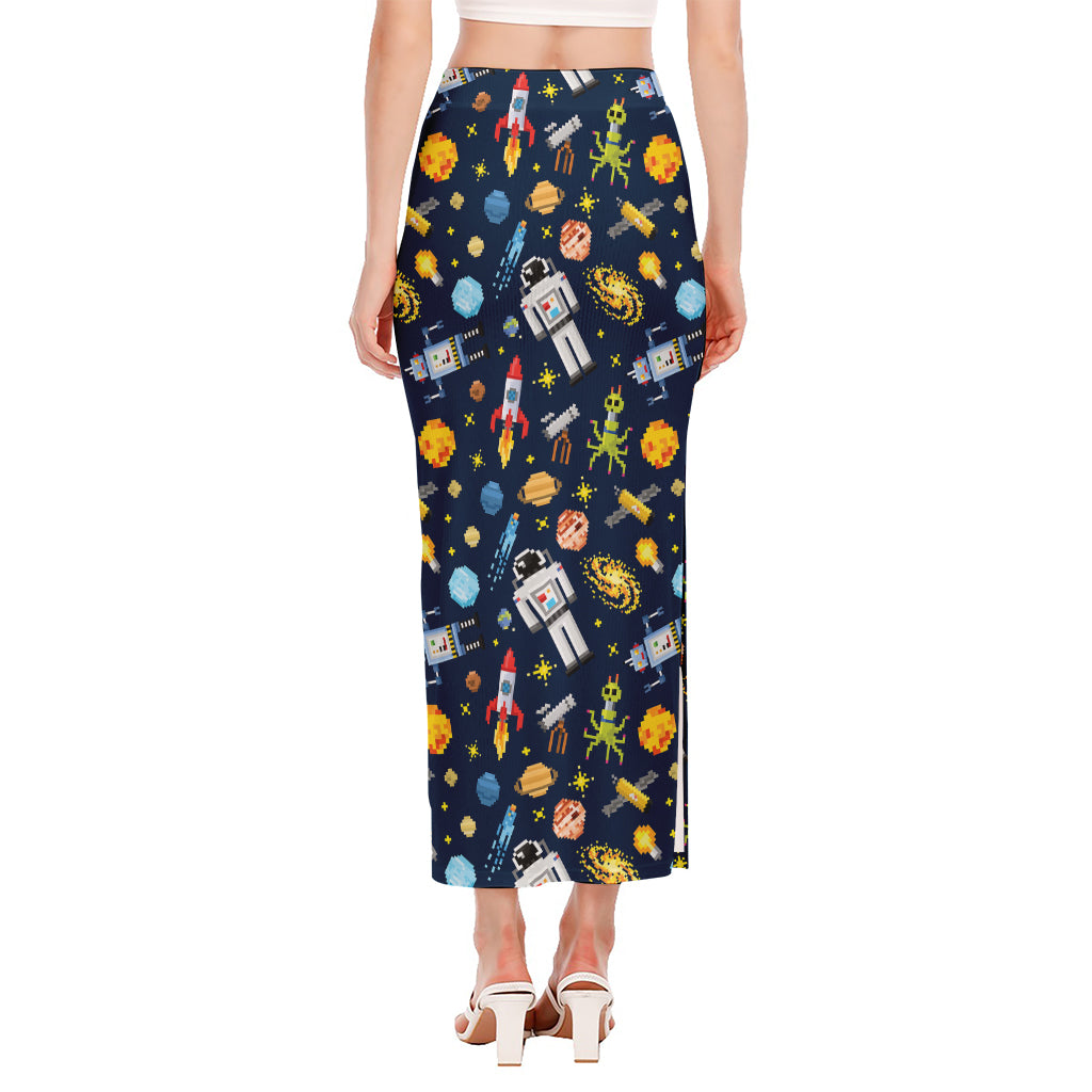 Pixel Space Pattern Print Side Slit Maxi Skirt