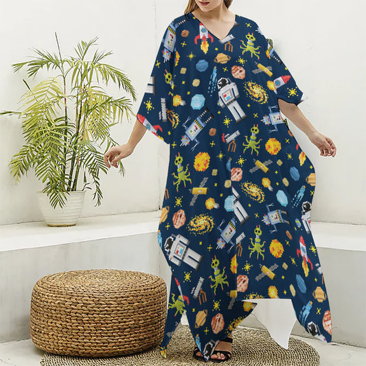 Pixel Space Pattern Print Silk V-Neck Kaftan Dress