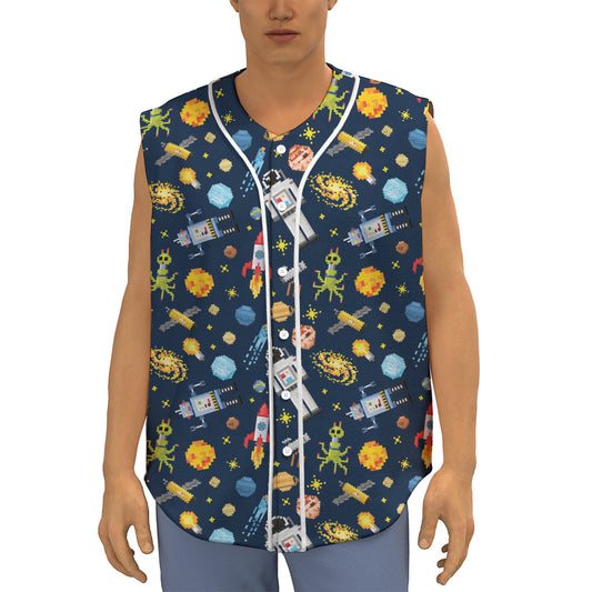 Pixel Space Pattern Print Sleeveless Baseball Jersey