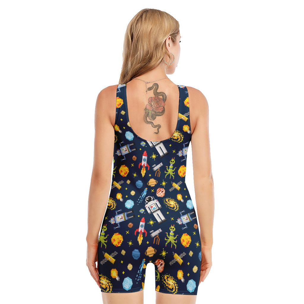 Pixel Space Pattern Print Sleeveless One Piece Swimsuit