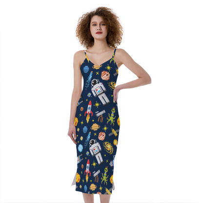 Pixel Space Pattern Print Slim Fit Midi Cami Dress