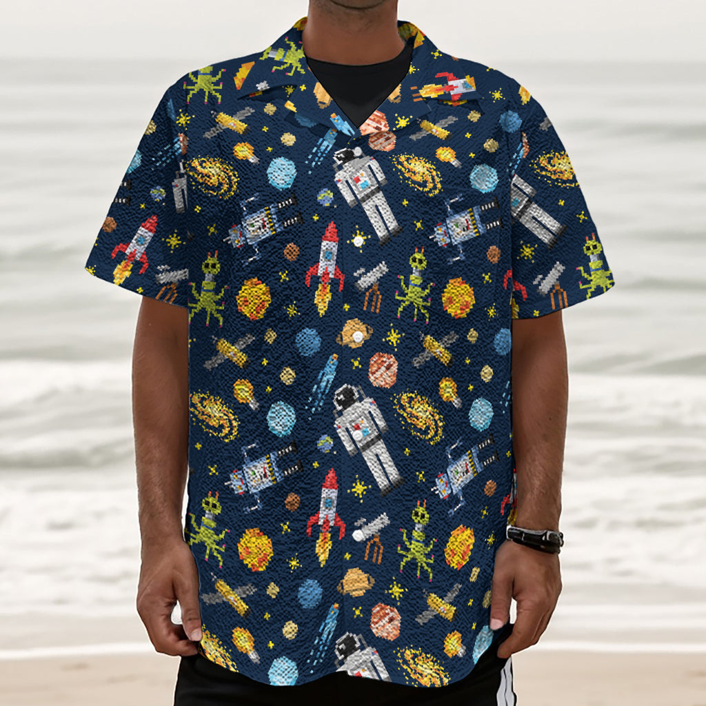 Pixel Space Pattern Print Textured Short Sleeve Shirt