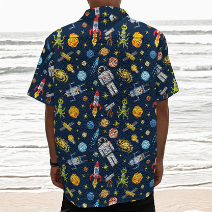 Pixel Space Pattern Print Textured Short Sleeve Shirt