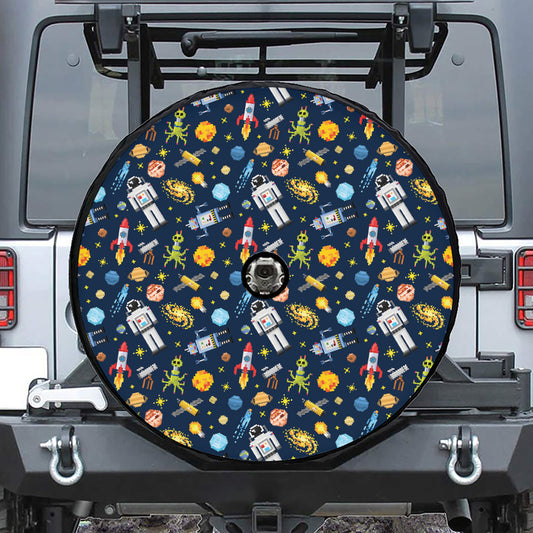 Pixel Space Pattern Print Tire Cover With Camera Hole