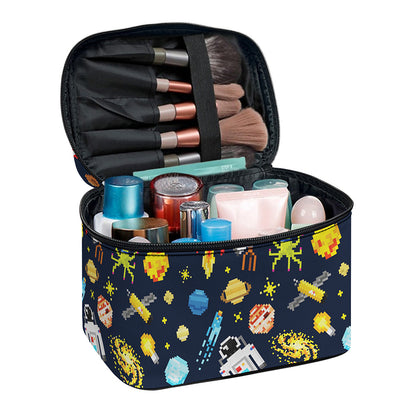 Pixel Space Pattern Print Travel Makeup Bag