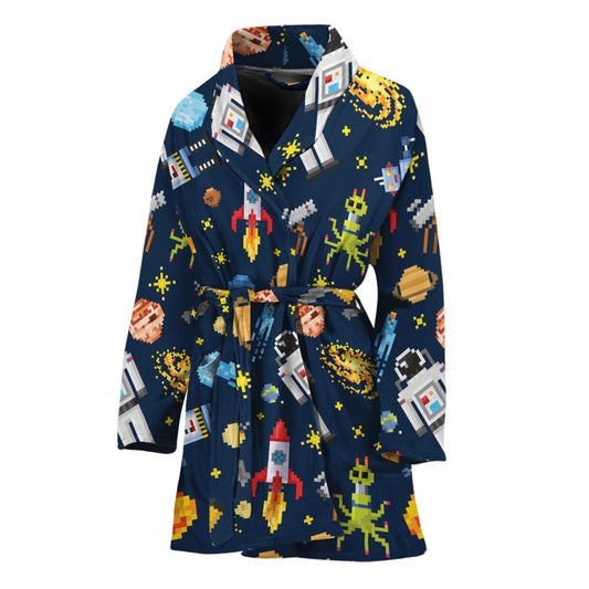 Pixel Space Pattern Print Women's Bathrobe