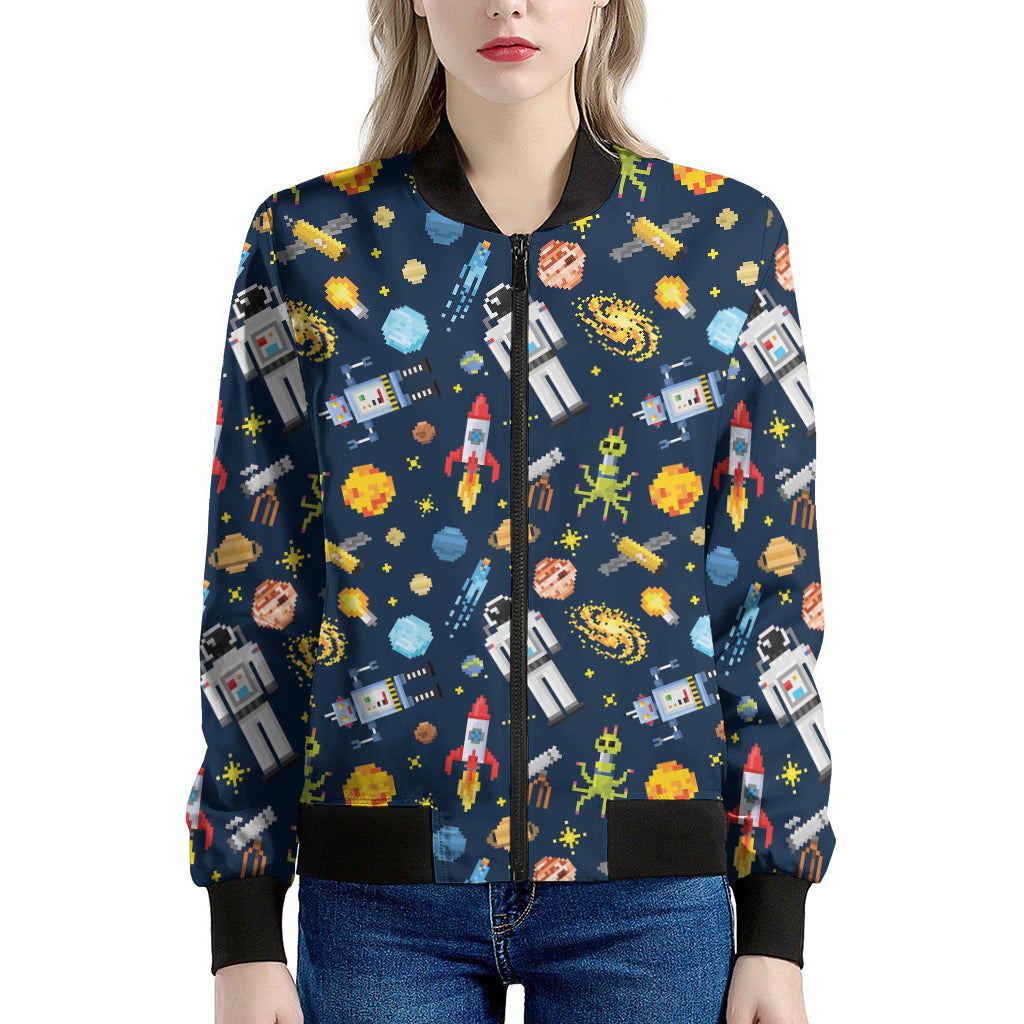 Pixel Space Pattern Print Women's Bomber Jacket