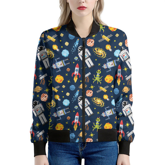 Pixel Space Pattern Print Women's Bomber Jacket