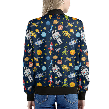 Pixel Space Pattern Print Women's Bomber Jacket