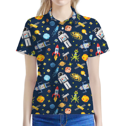 Pixel Space Pattern Print Women's Polo Shirt