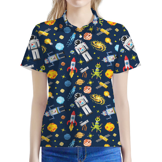 Pixel Space Pattern Print Women's Polo Shirt