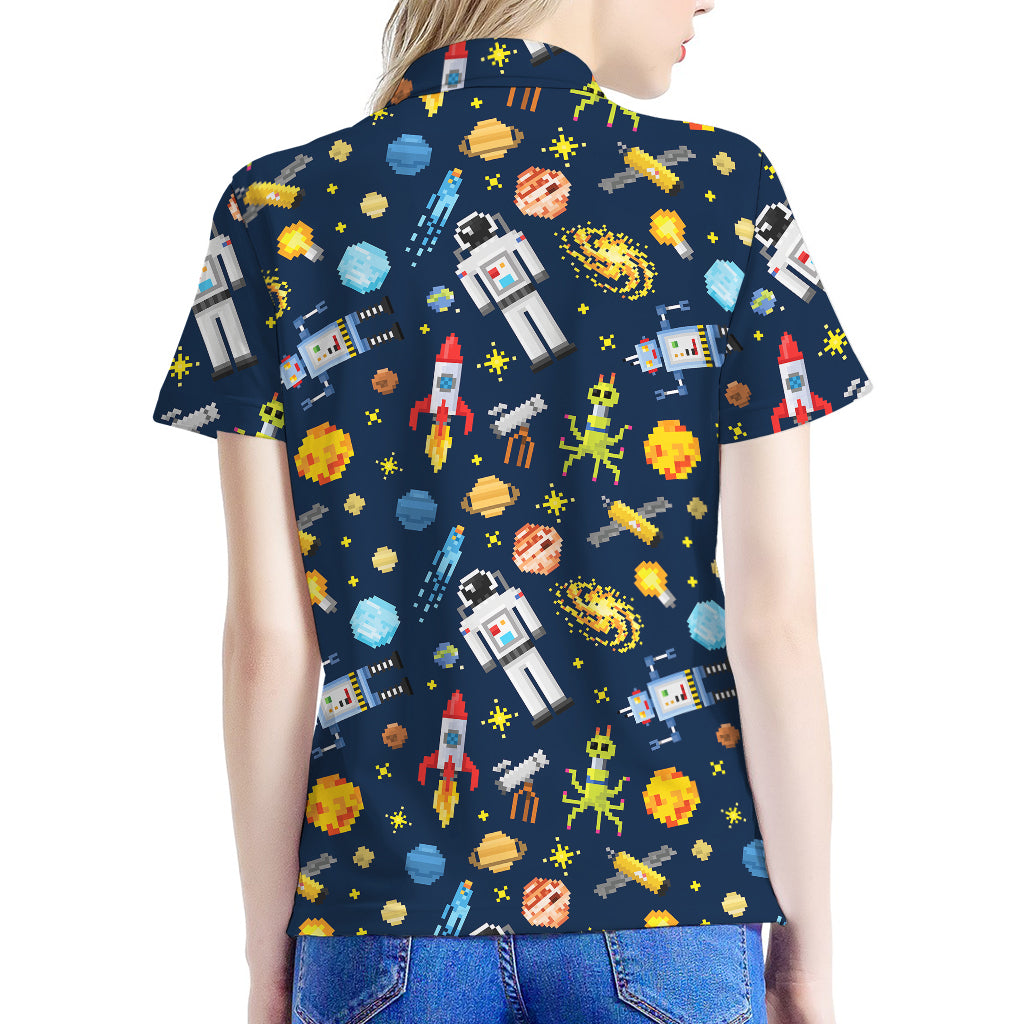 Pixel Space Pattern Print Women's Polo Shirt