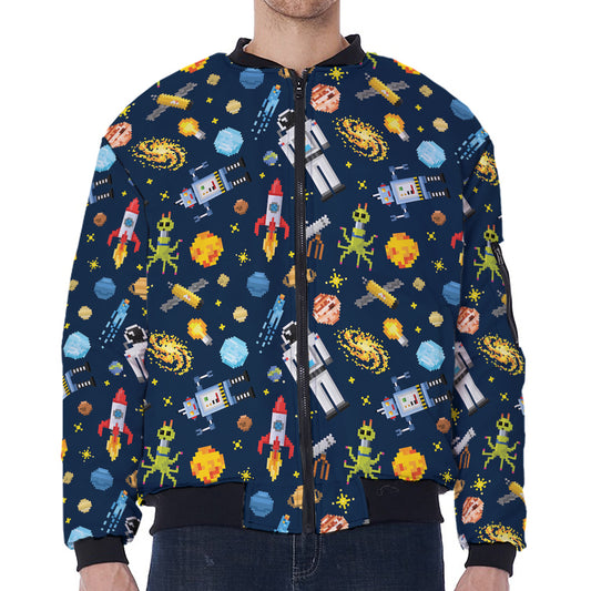 Pixel Space Pattern Print Zip Sleeve Bomber Jacket