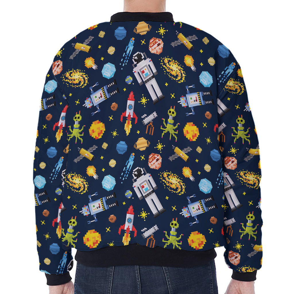 Pixel Space Pattern Print Zip Sleeve Bomber Jacket