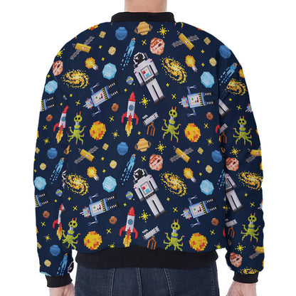 Pixel Space Pattern Print Zip Sleeve Bomber Jacket