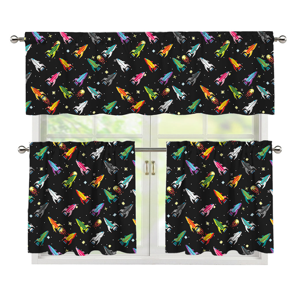 Pixel Spaceships Pattern Print 3 Piece Kitchen Curtains