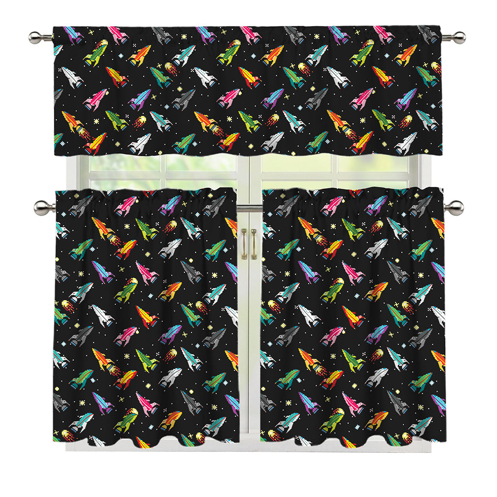 Pixel Spaceships Pattern Print 3 Piece Kitchen Curtains