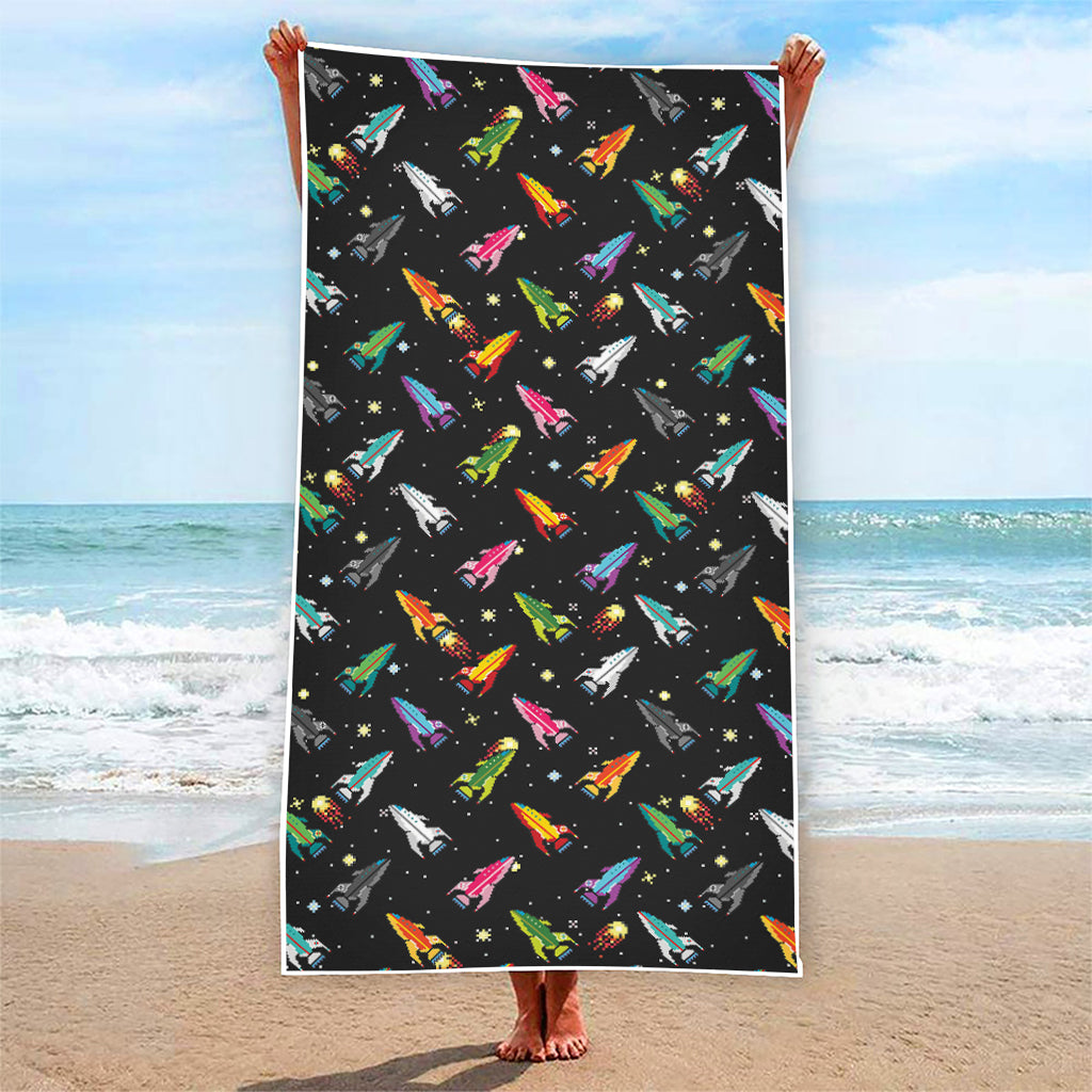 Pixel Spaceships Pattern Print Beach Towel