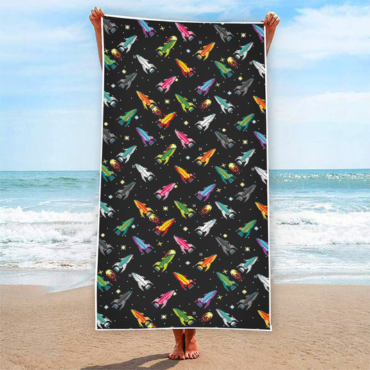 Pixel Spaceships Pattern Print Beach Towel