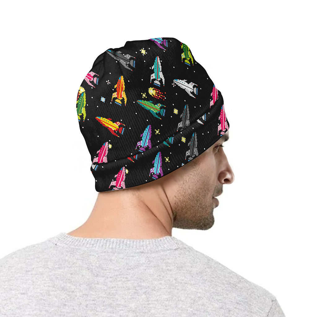 Pixel Spaceships Pattern Print Beanie