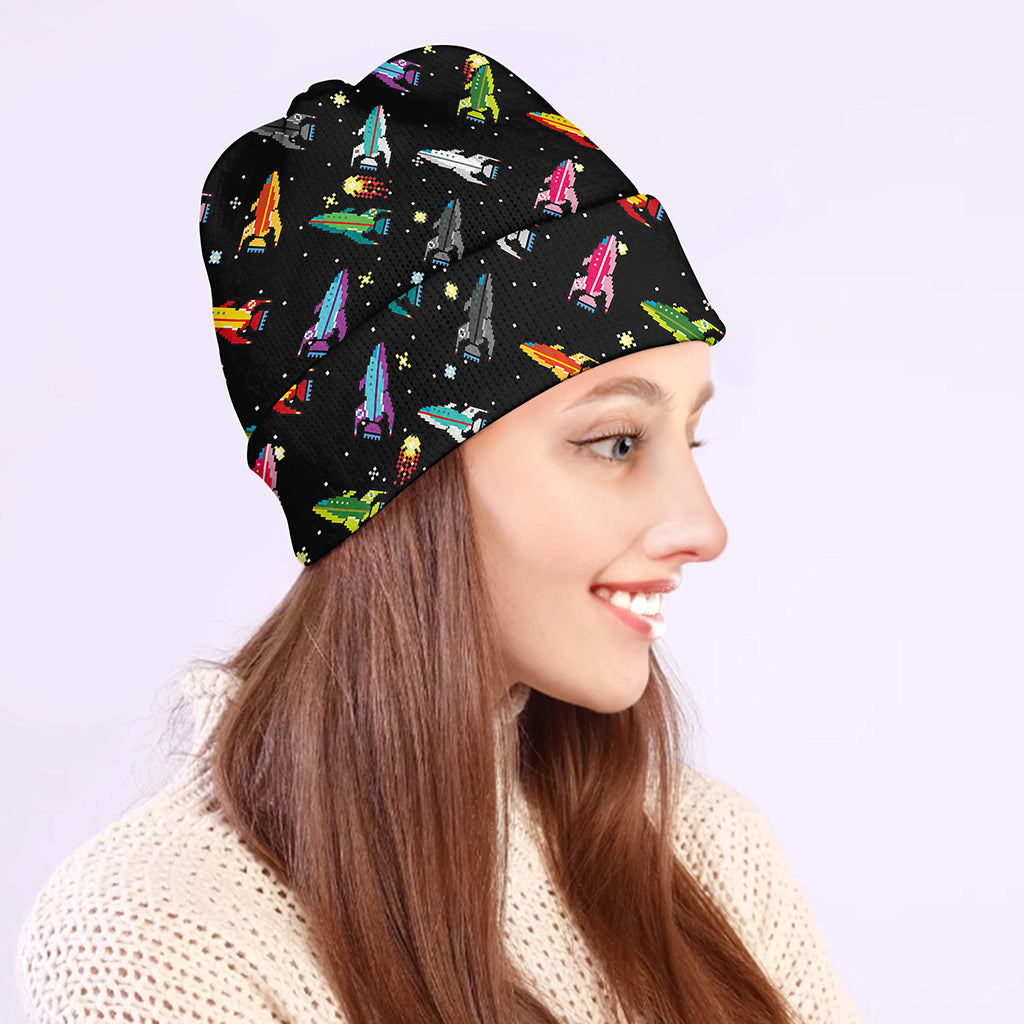 Pixel Spaceships Pattern Print Beanie