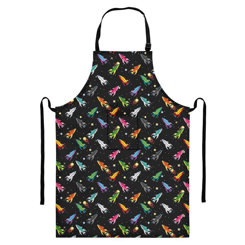 Pixel Spaceships Pattern Print Bib Apron With Pocket