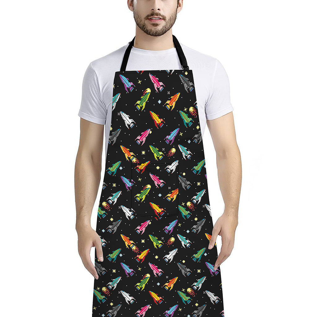 Pixel Spaceships Pattern Print Bib Apron With Pocket