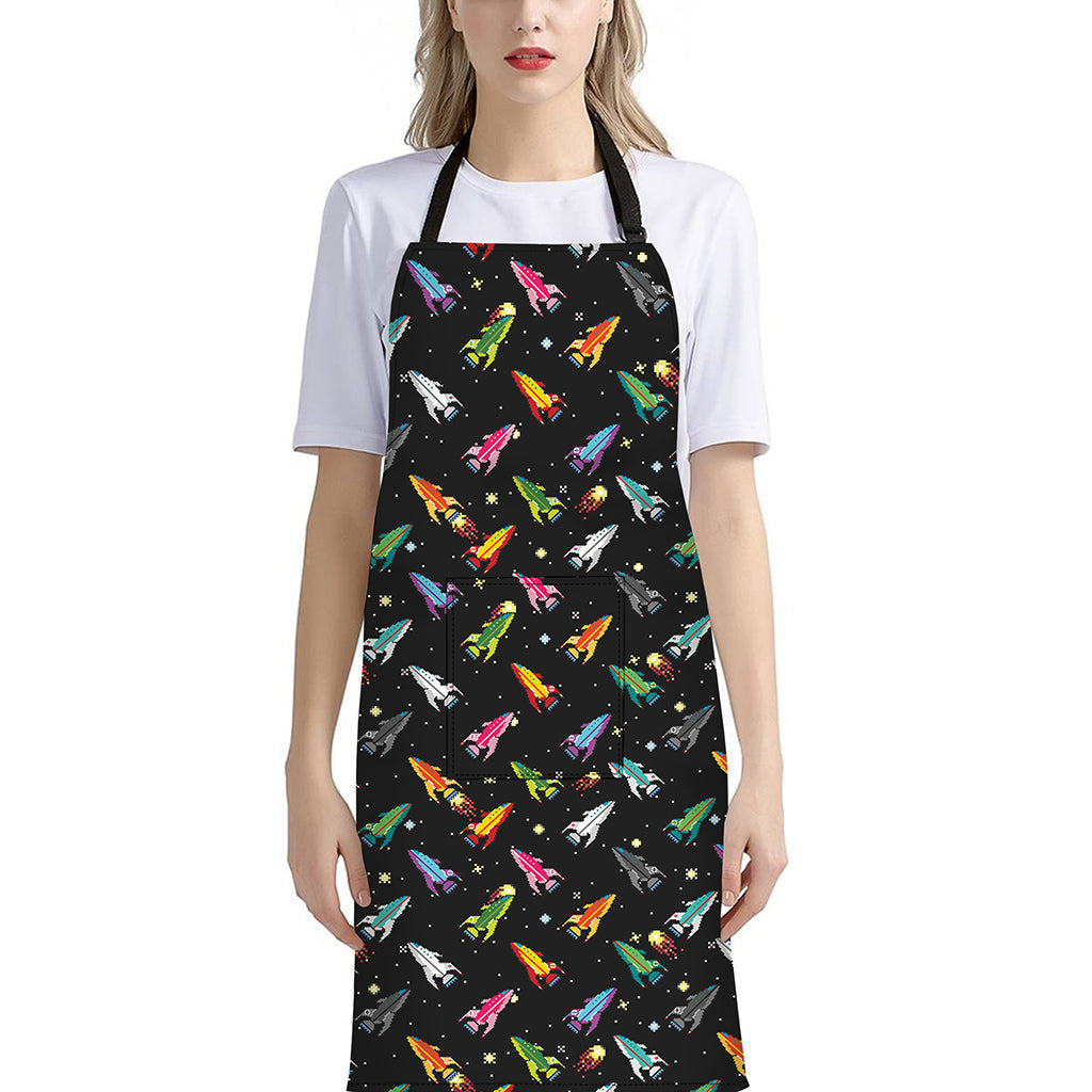Pixel Spaceships Pattern Print Bib Apron With Pocket